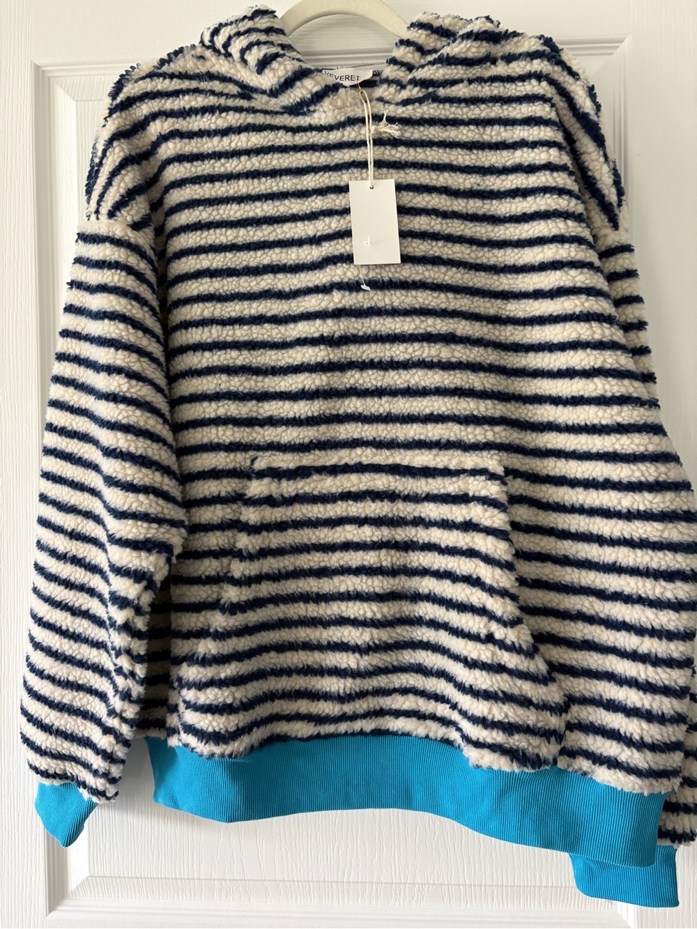Everet Navy and Cream Striped Sherpa Hoodie with Turquoise Trim